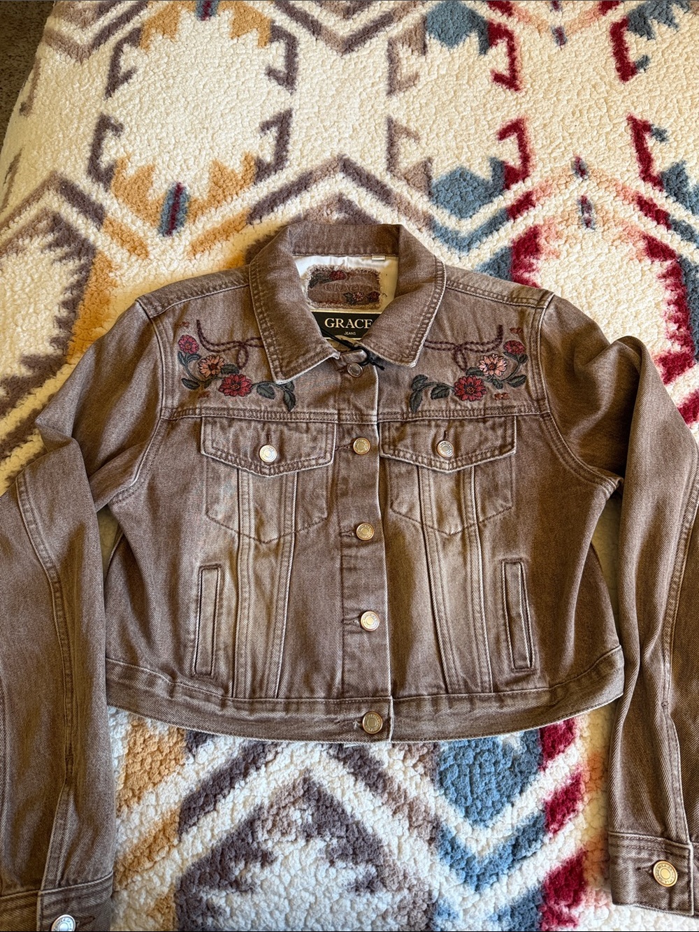 GRACE Taupe Brown Floral Embroidered Denim Jacket